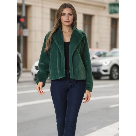 Women's Winter Cropped Jacket Notch Lapel Faux Fur Fluffy Coat Dark Green - Picture 2 of 5